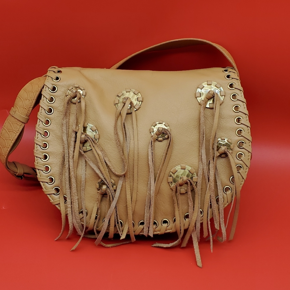 Carlos Falchi Tan Suede Fringe Crossbody Bag with Gold Accents
